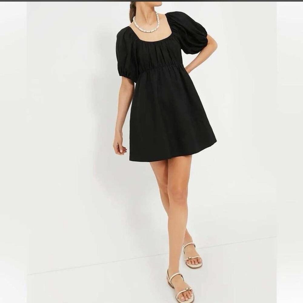 NWT POMANDER PLACE Tuckernuck Ares Puff Sleeve Black Linen Mini Dress Pockets M